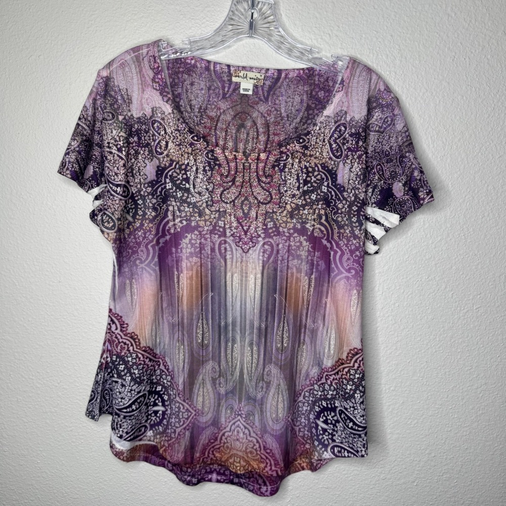 World‎ Unity Womens Purple Paisley Pleated Scoop Neck Top Short Sleeve Size M